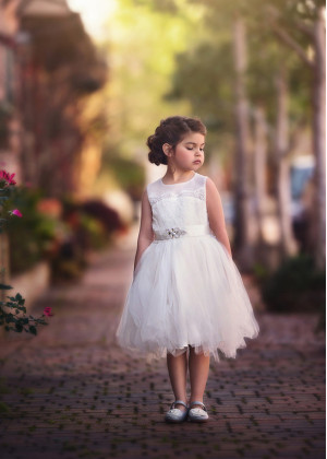 Ivory Lace Tulle Slit Back Flower Girl Dress